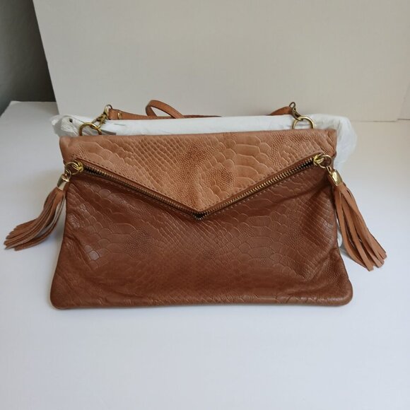 Italian Leather Caramel Reptile Crossbody Bag Zip Front with Fringe Zipper Pulls - Picture 7 of 9